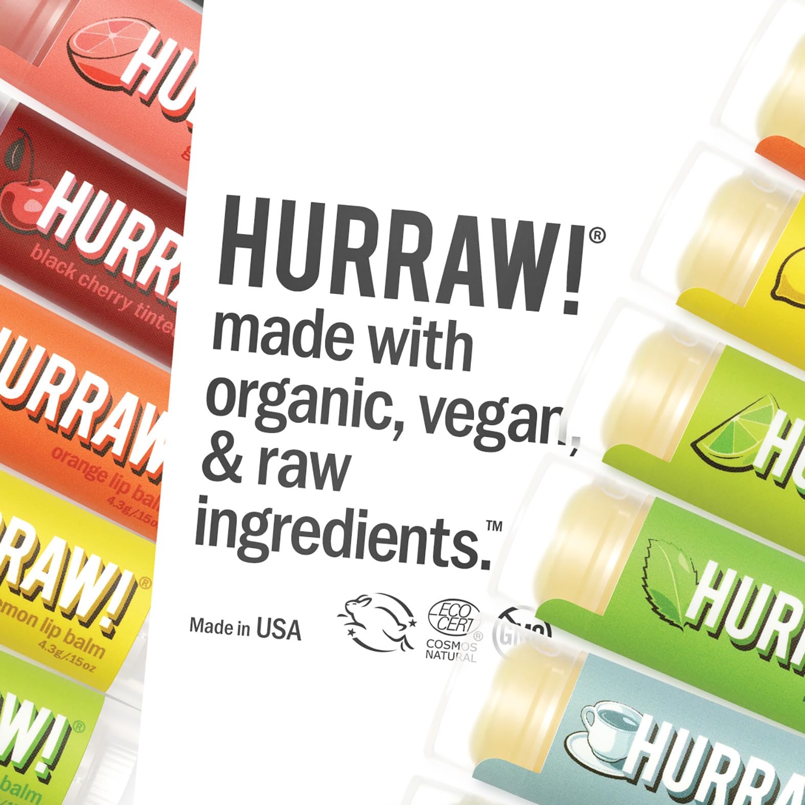Hurraw Certification badges indicate organic, COSMOS, and NOP standards.
