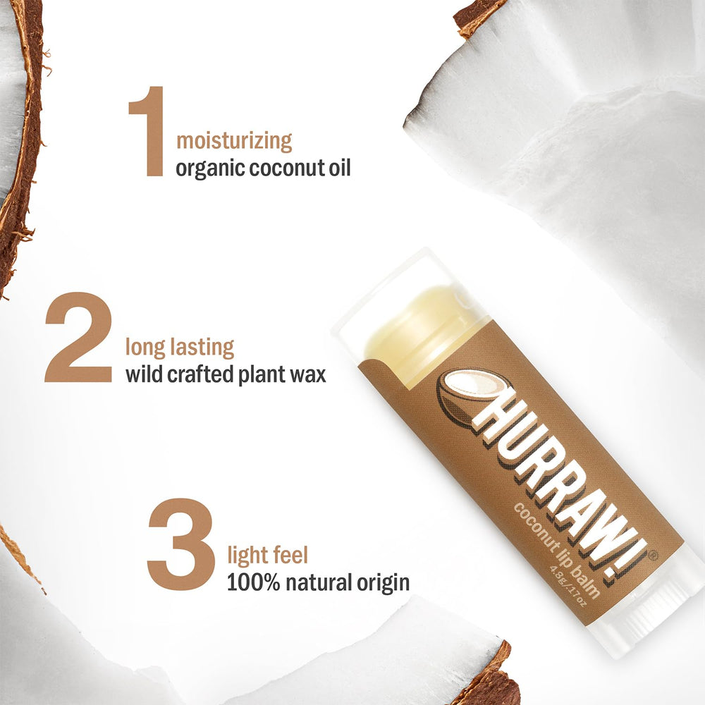 Label details of Hurraw! Coconut Lip Balm vegan and gluten-free claims