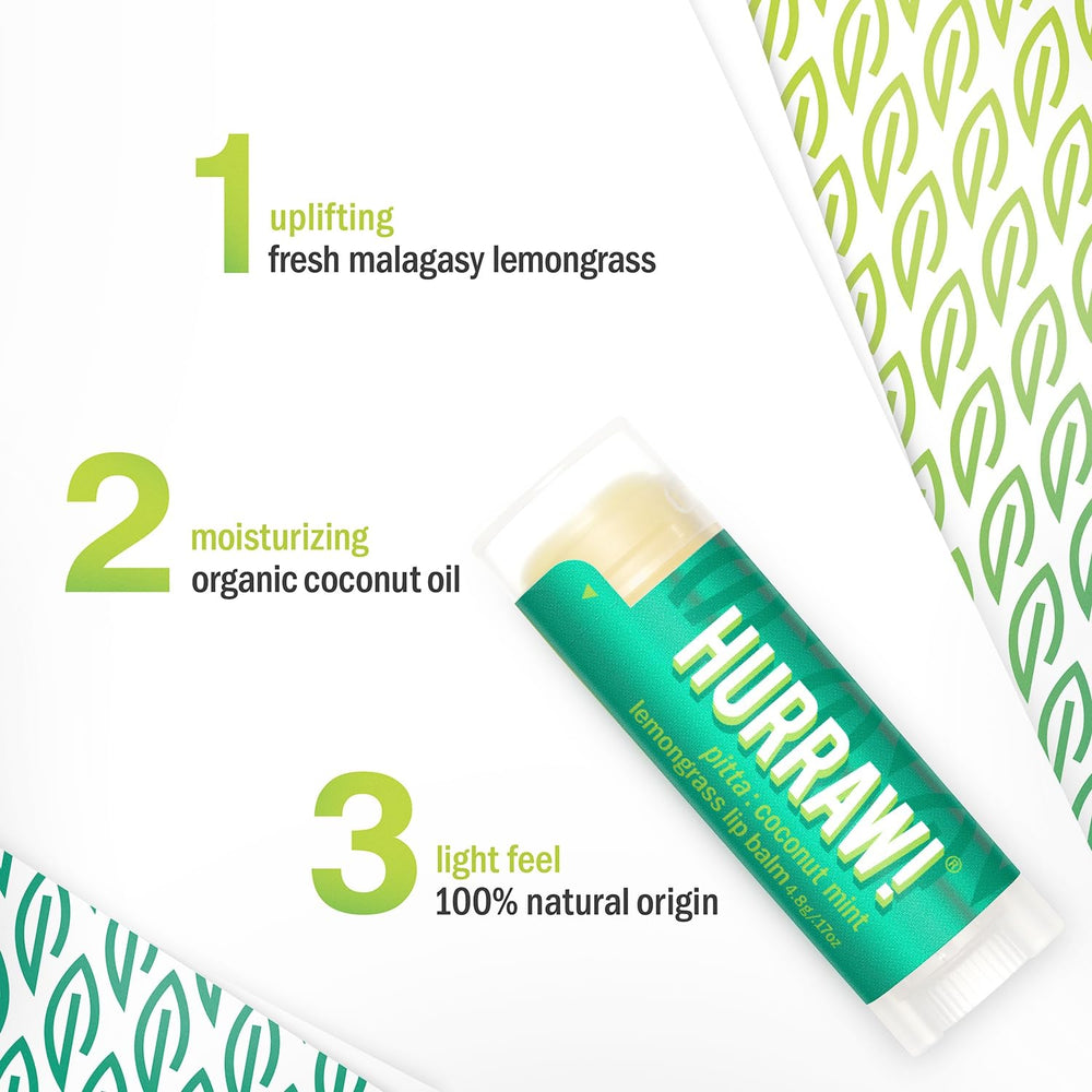 Close-up of Hurraw lip balm with coconut mint lemongrass note