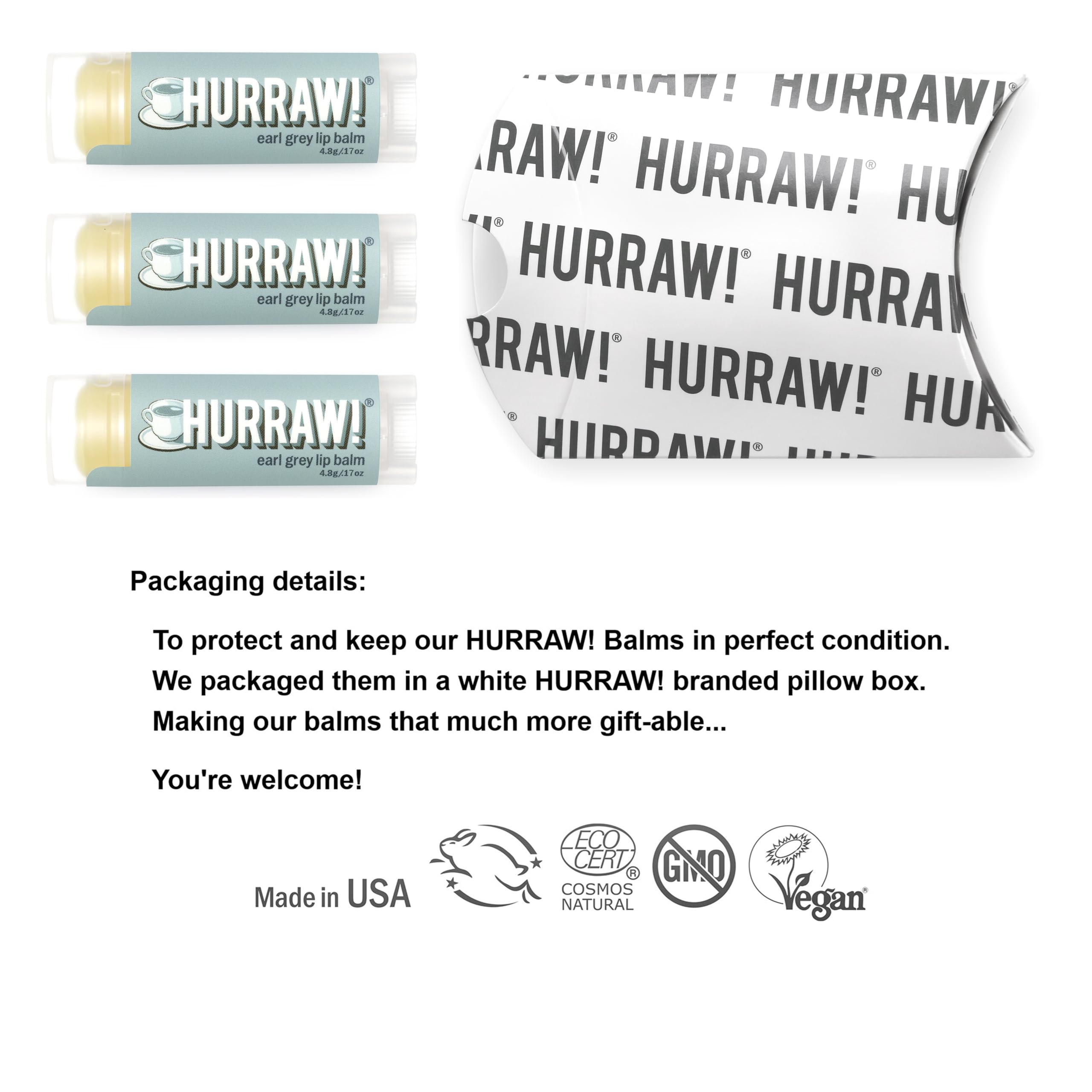 HURRAW Earl Grey lip balm tubes side view, smooth glide for daily lips