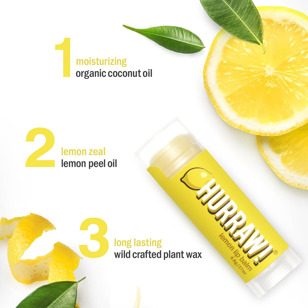 Lemon zest close-up on Hurraw! balm highlight fresh citrus scent.