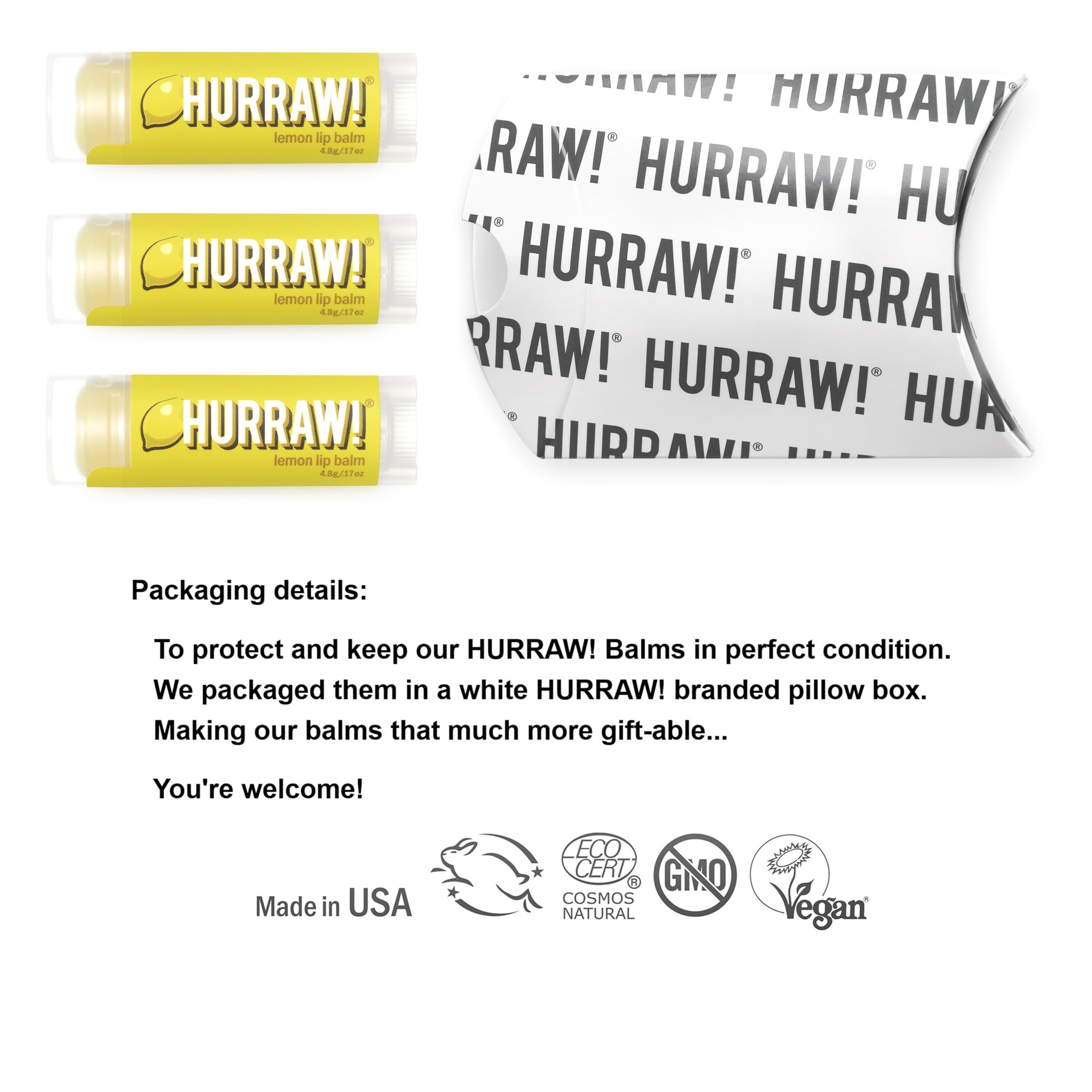 Hurraw! Lemon Lip Balm packaging shows a white box with three compact tubes.
