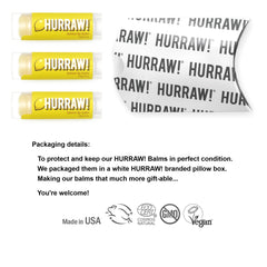 Hurraw! Lemon Lip Balm packaging shows a white box with three compact tubes.