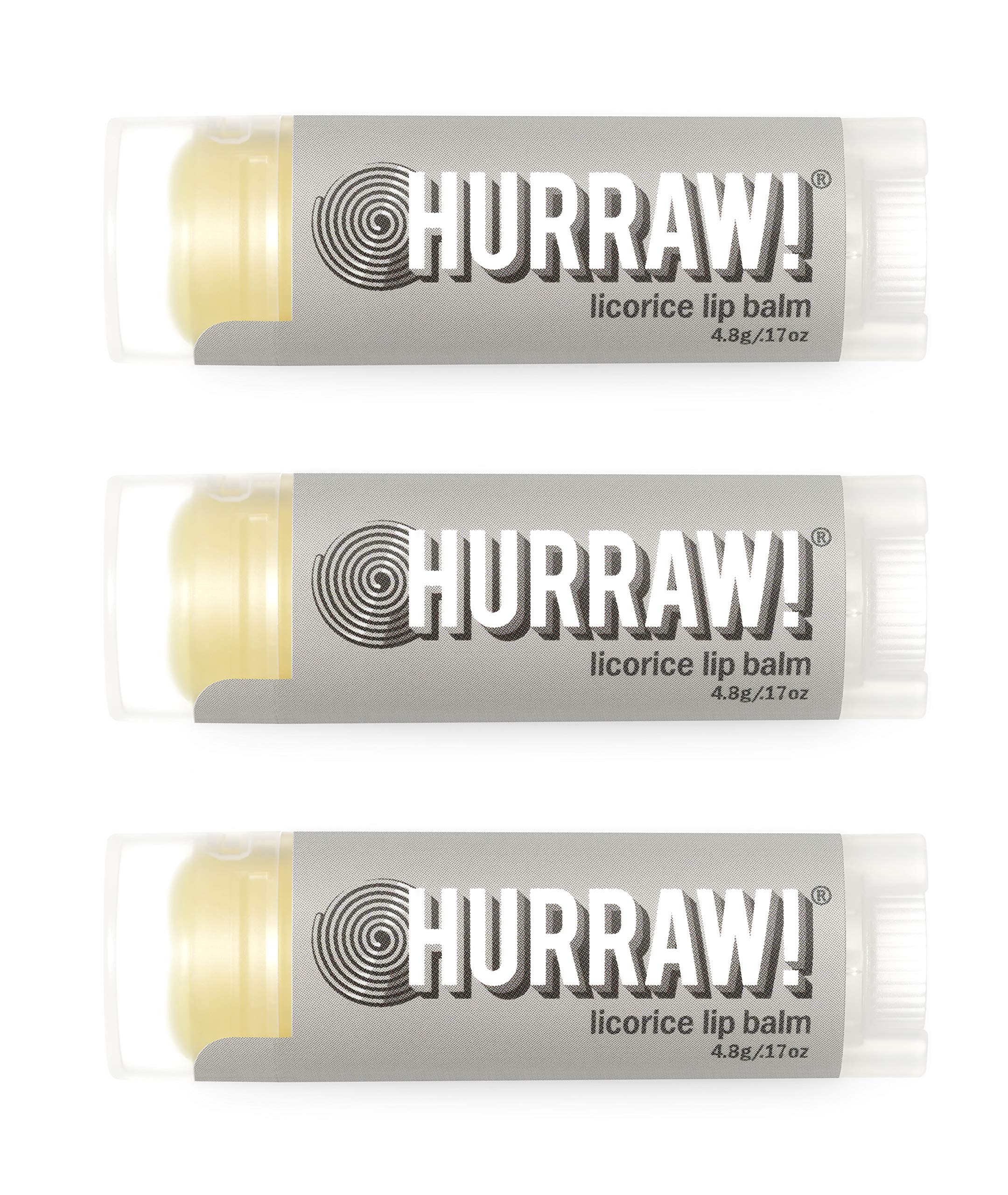 Hurraw! Licorice lip balm 3-pack in a white box for daily lip care.