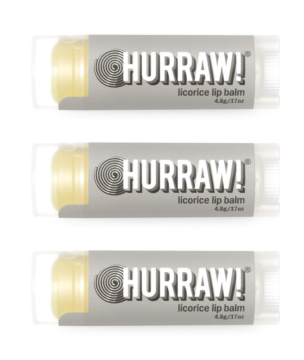 Hurraw! Licorice lip balm 3-pack in a white box for daily lip care.