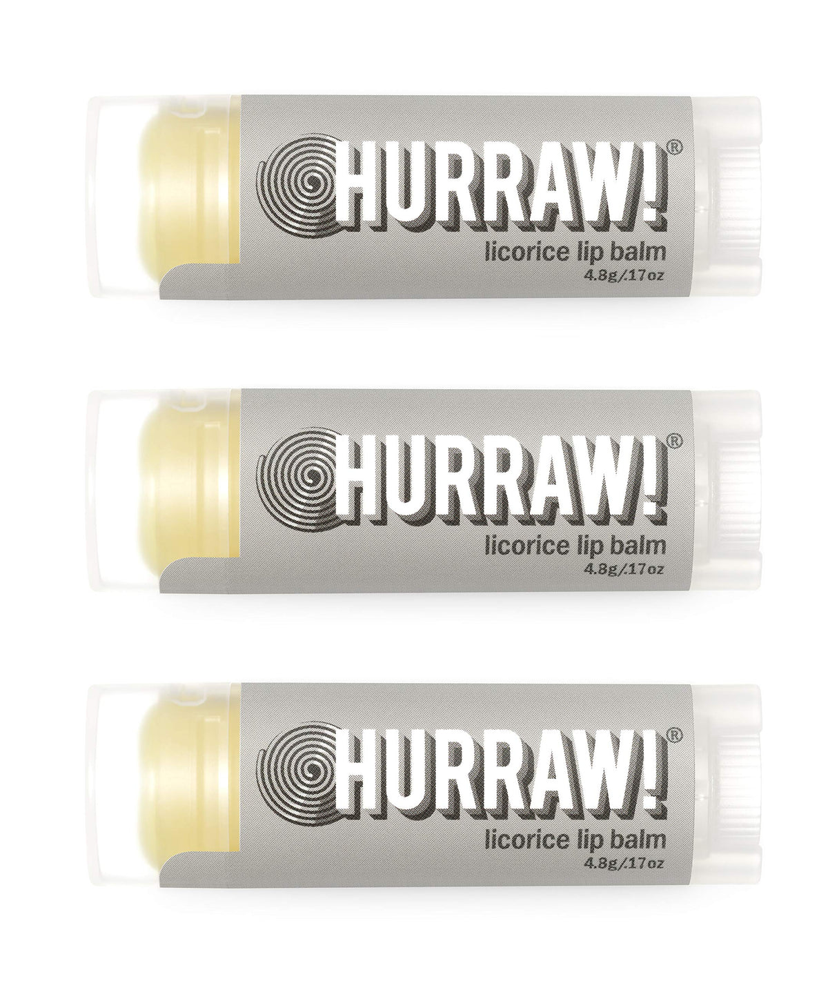 Hurraw! Licorice lip balm 3-pack in a white box for daily lip care.