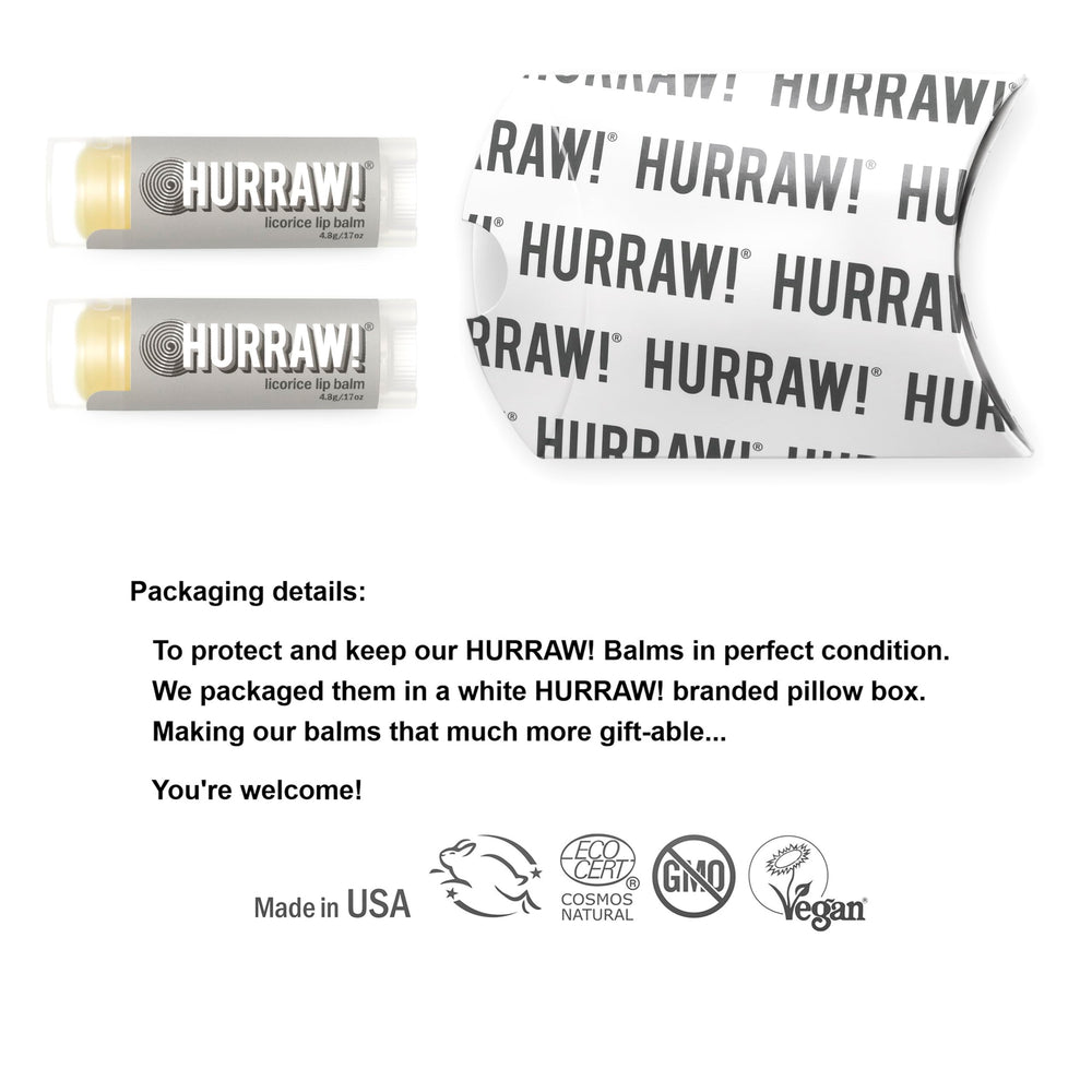 Hurraw Licorice lip balm packaging box shows eco-friendly packaging.