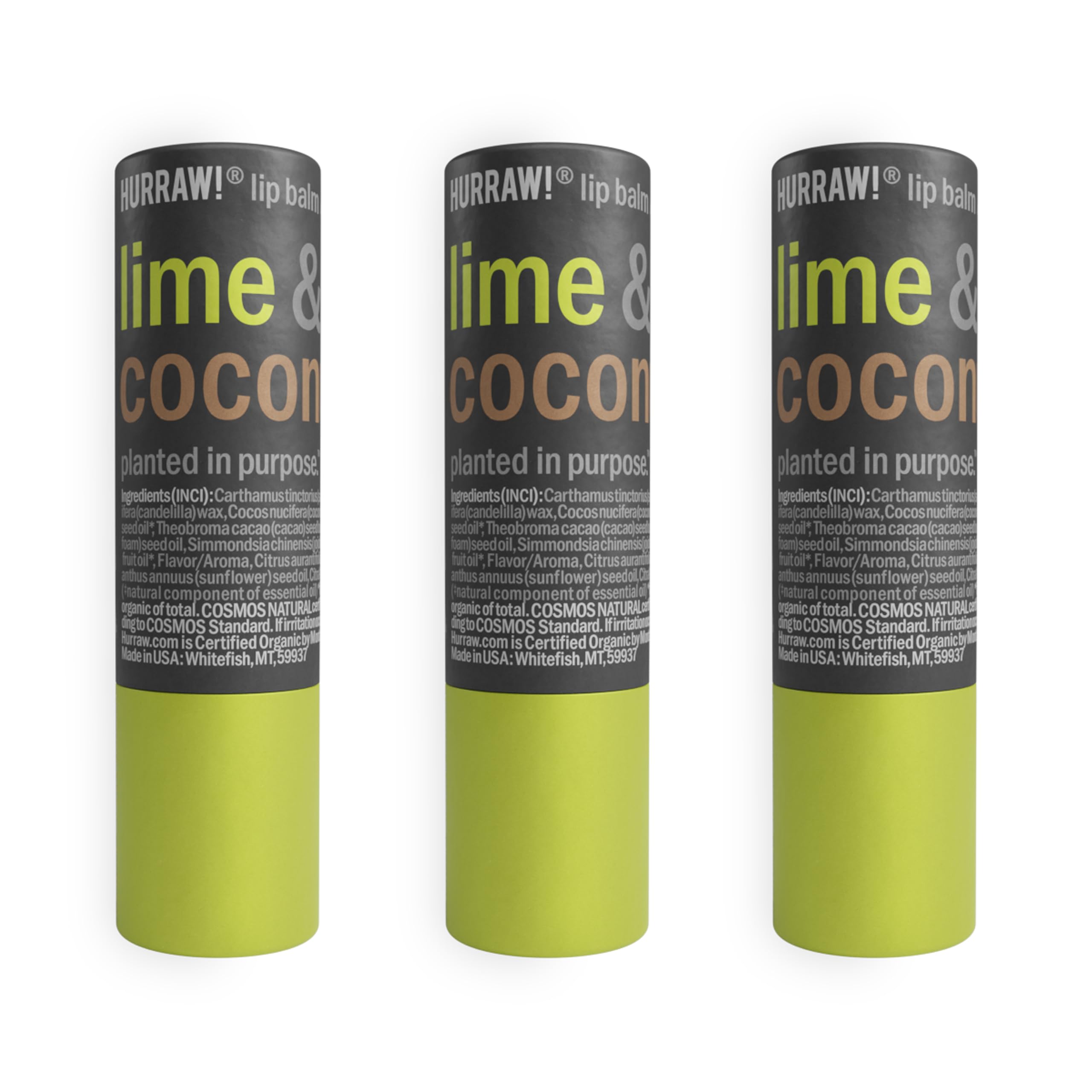Hurraw Lime & Coconut lip balm in cardboard tubes promotes eco-friendly lip care.