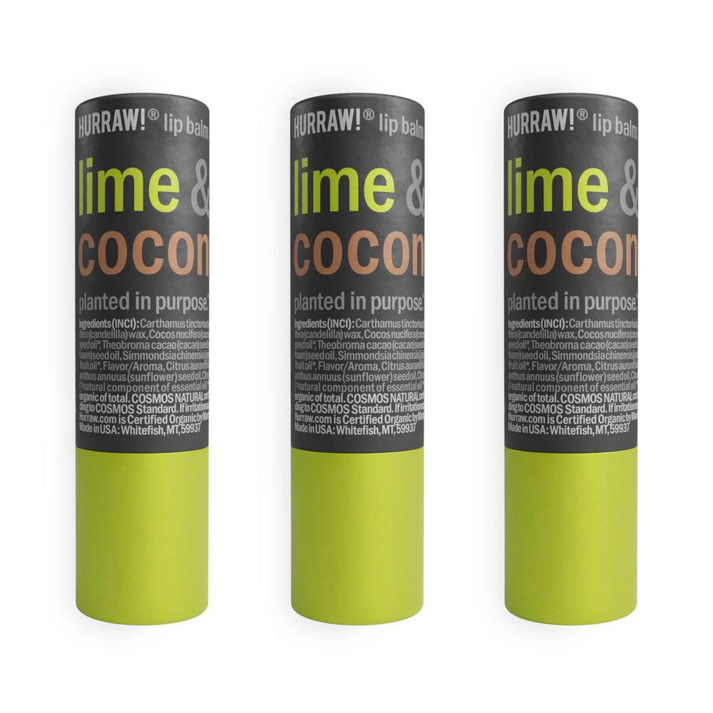 Hurraw Lime & Coconut lip balm in cardboard tubes promotes eco-friendly lip care.
