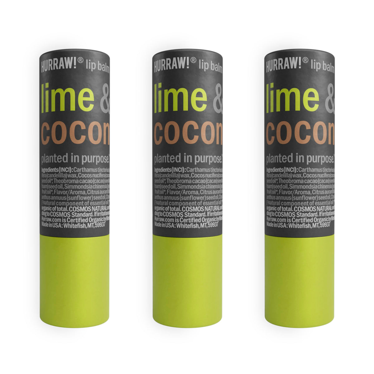Hurraw Lime & Coconut lip balm in cardboard tubes promotes eco-friendly lip care.