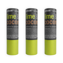 Hurraw Lime & Coconut lip balm in cardboard tubes promotes eco-friendly lip care.
