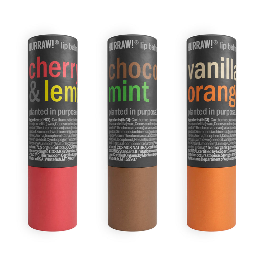 Hurraw lip balm triple-pack cardboard tubes for eco-friendly daily care