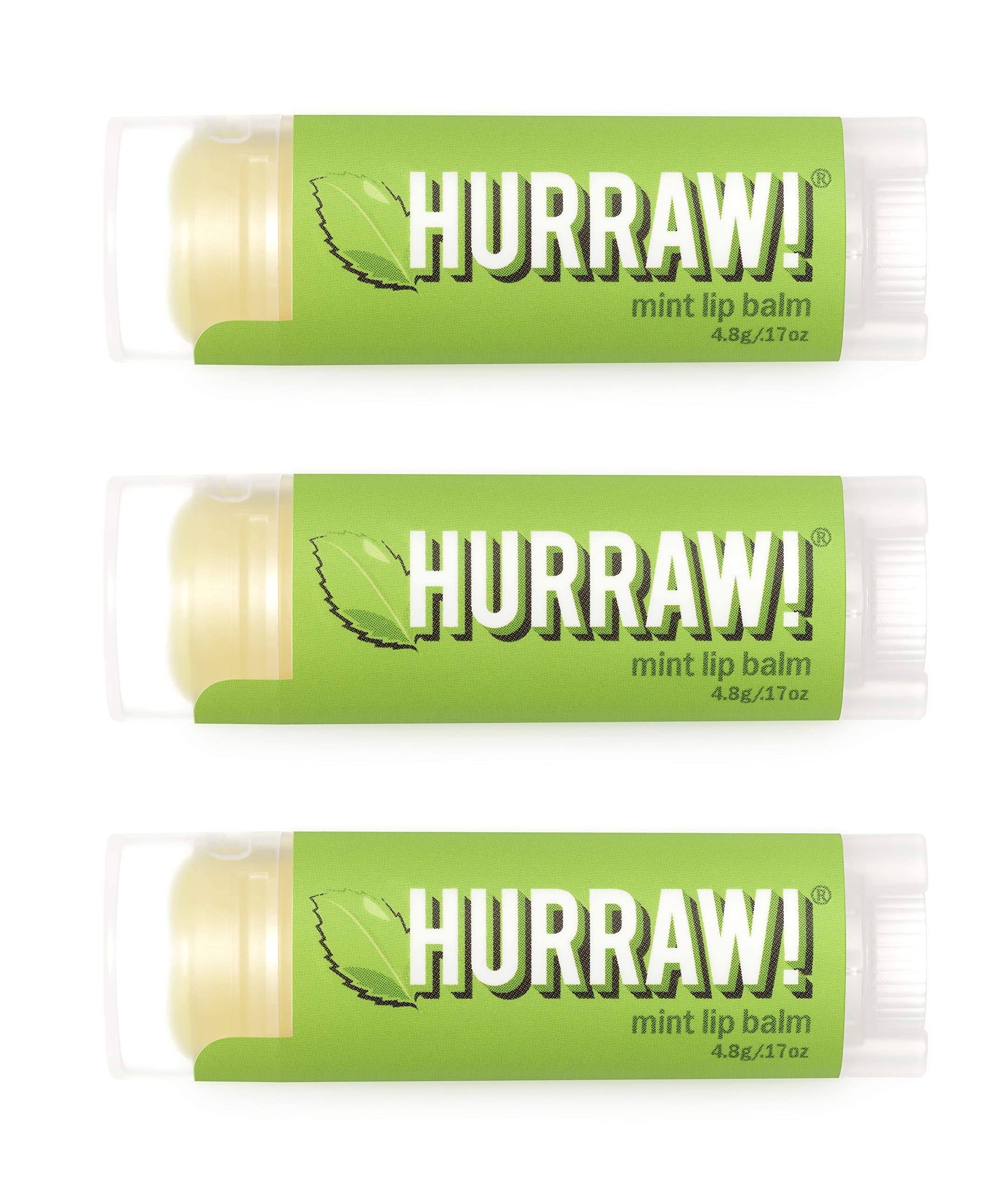Hurraw! Mint Lip Balm three-pack tubes with daily lip nourishment.