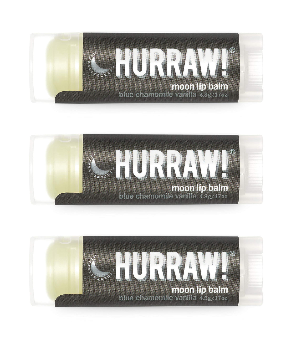 Hurraw! Moon Night lip balm trio in oval tubes for soothing overnight lip care.