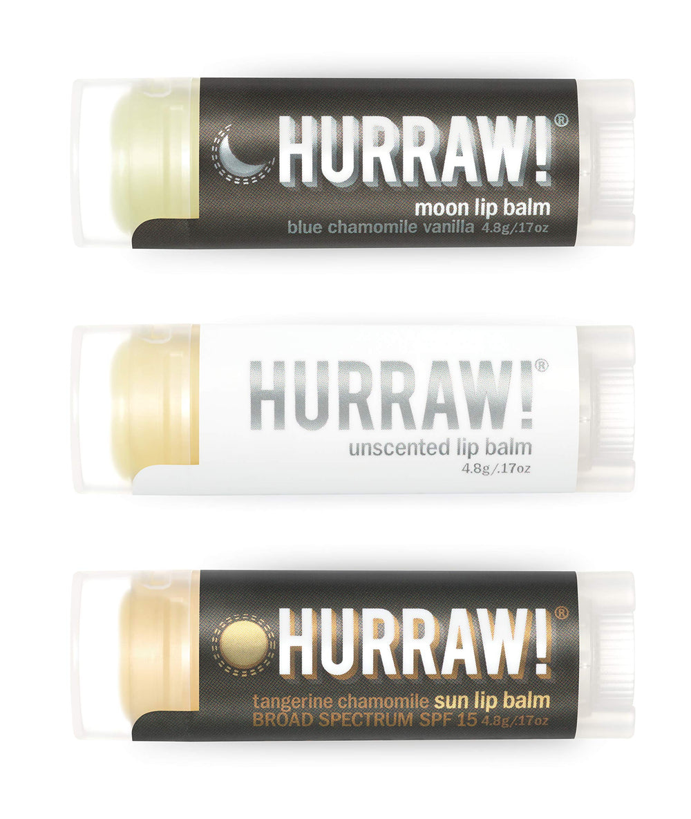 Hurraw! Moon Night Treatment unscented lip balm pack highlighting all-natural, nightly hydration.
