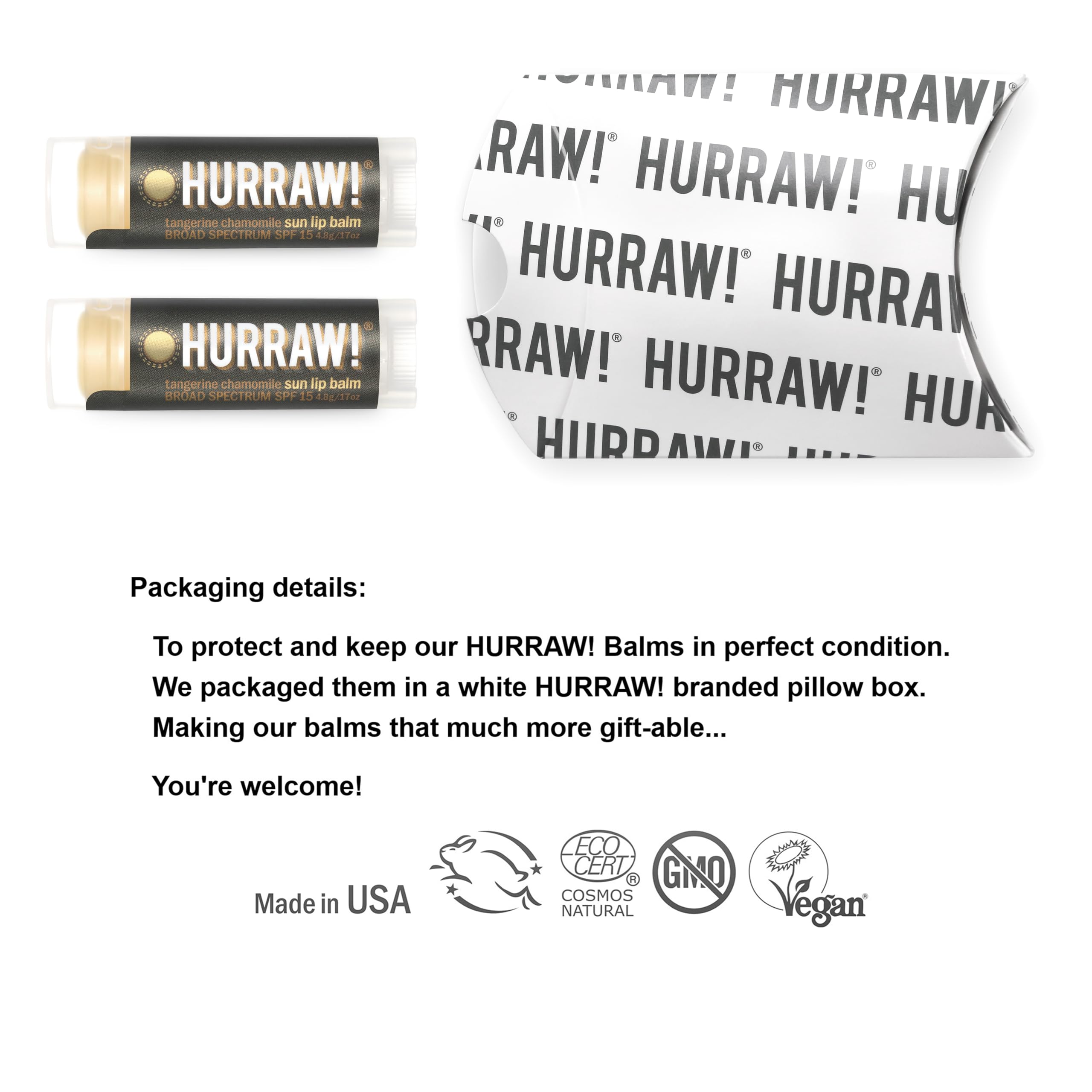Hurraw! Sun Lip Balm Tangerine-Chamomile tube back view shows packaging details.