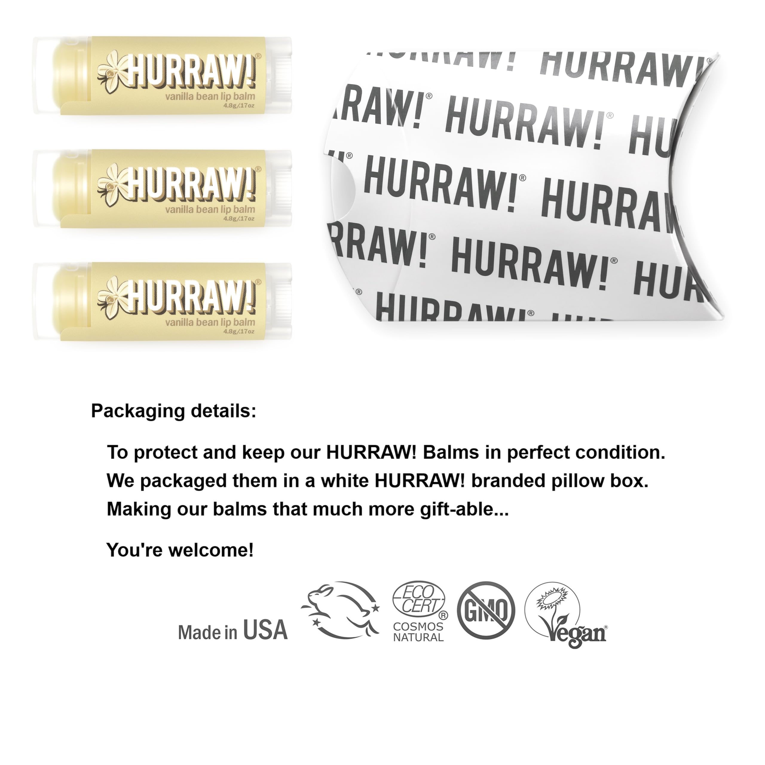 Hurraw! packaging in a white pillow box highlights organic vegan care.