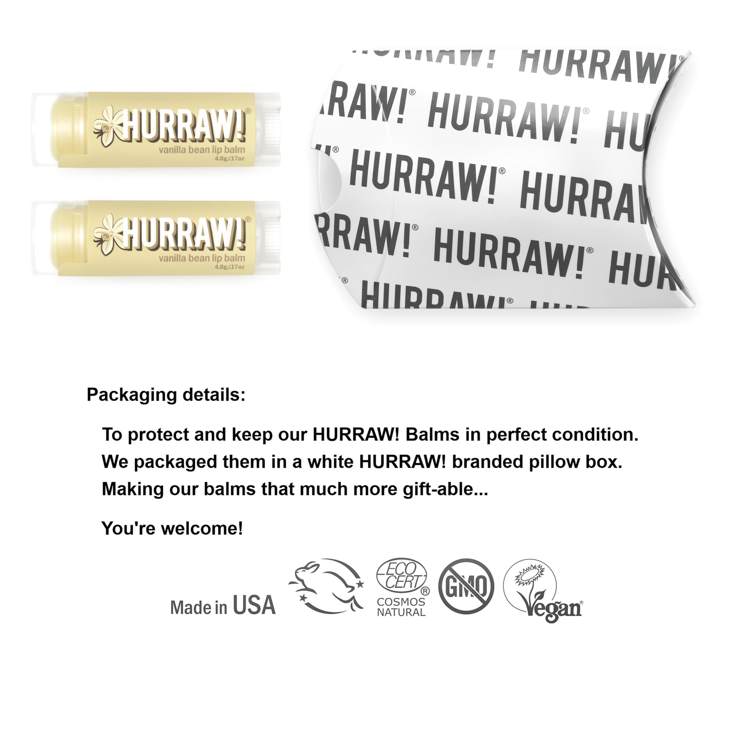 Hurraw! Vanilla Bean packaging box shown for convenient gifting.