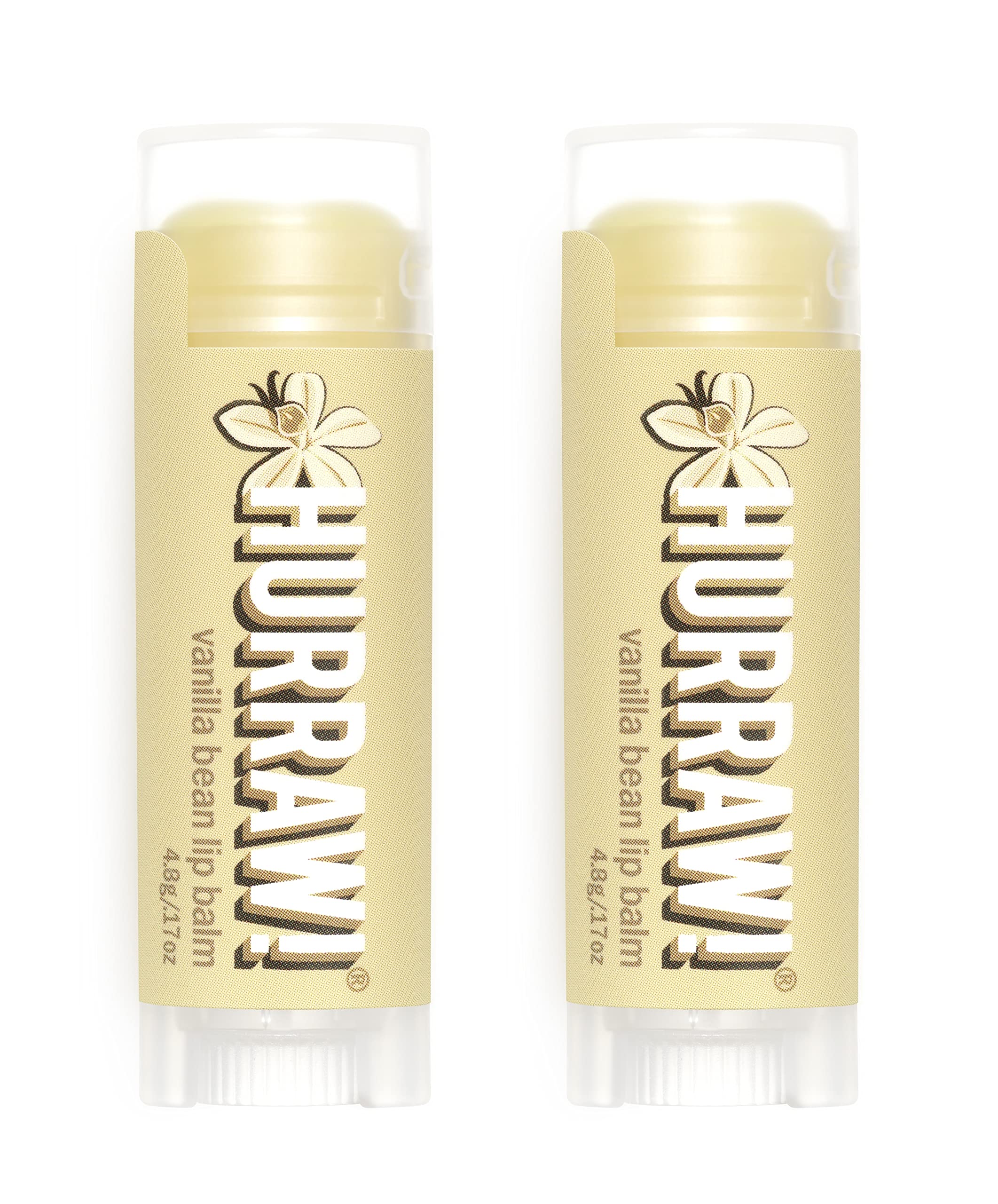 Hurraw! Vanilla Bean lip balm tubes in a two-pack for daily moisture.