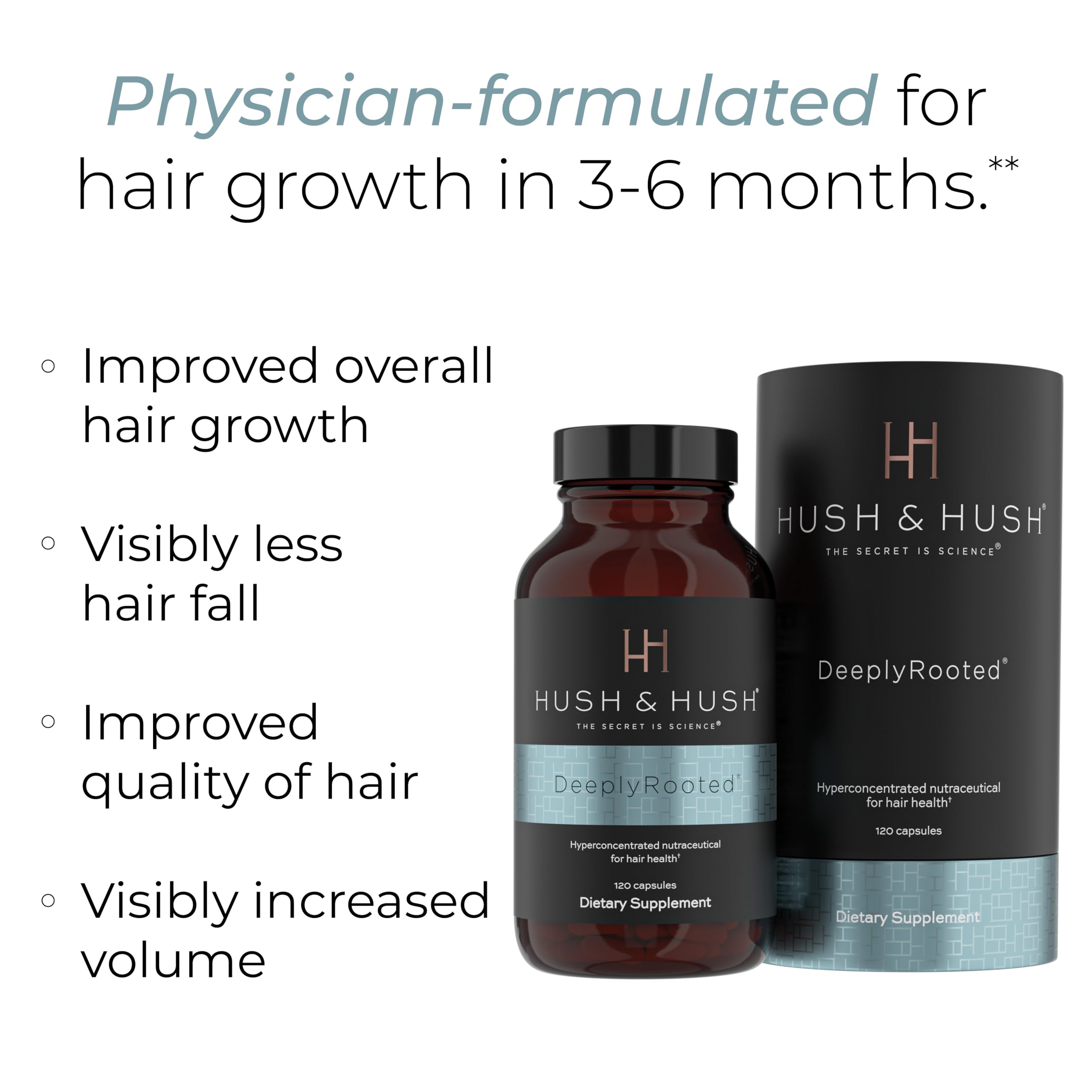 Hush & Hush DeeplyRooted ingredients panel featuring vitamins that support hair health.