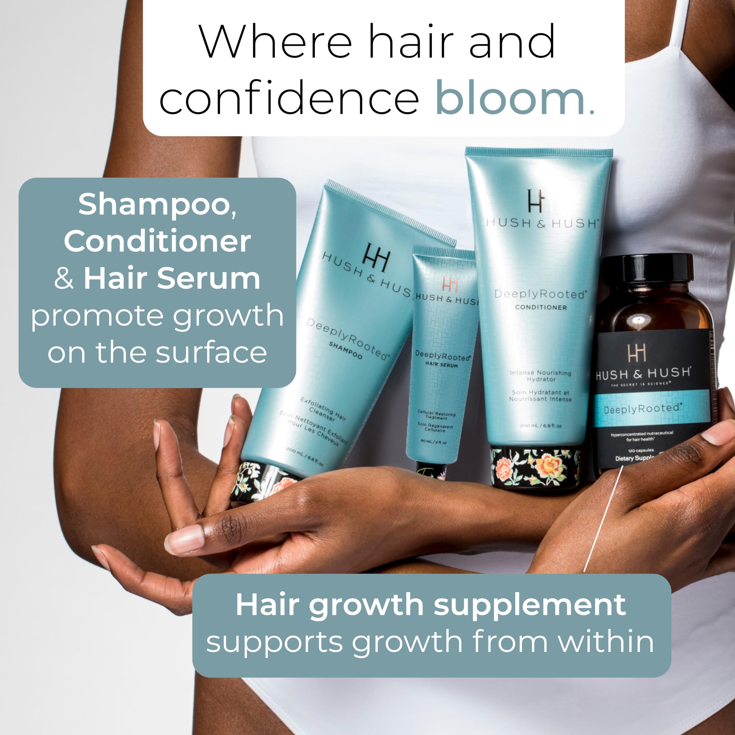 Hush & Hush DeeplyRooted packaging emphasizes natural, drug-free hair wellness.