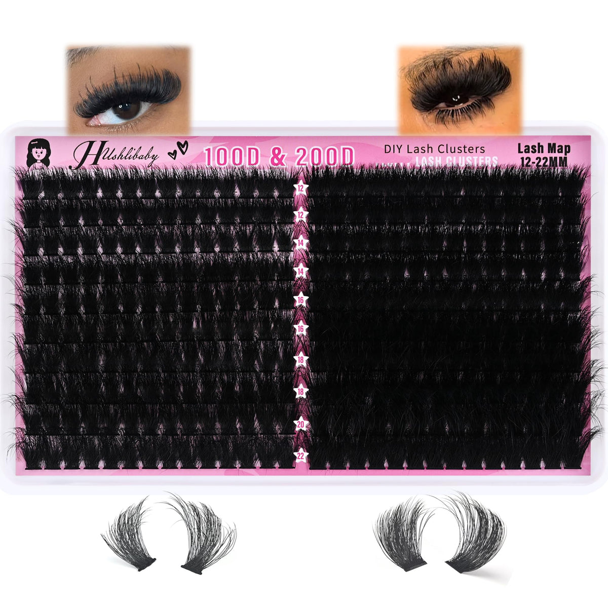 Hushlibaby lash clusters 12-22mm volume for dramatic at-home looks.