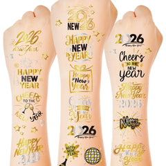 Huskein New Year's tattoos on 12 sheets with glittery black, gold, and silver designs.