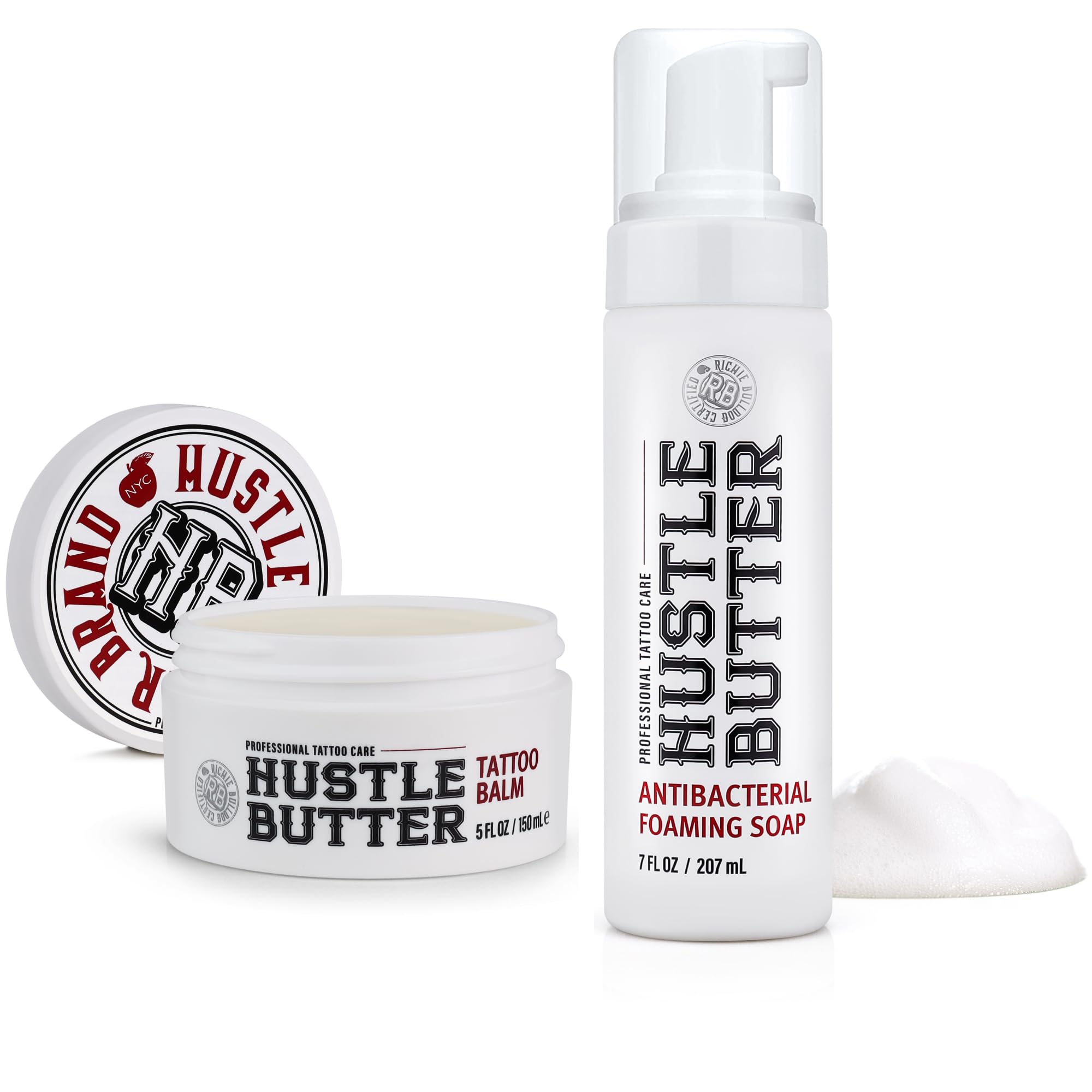 Hustle Butter Deluxe Hustle Bubbles foam bottle aids gentle cleansing during healing.