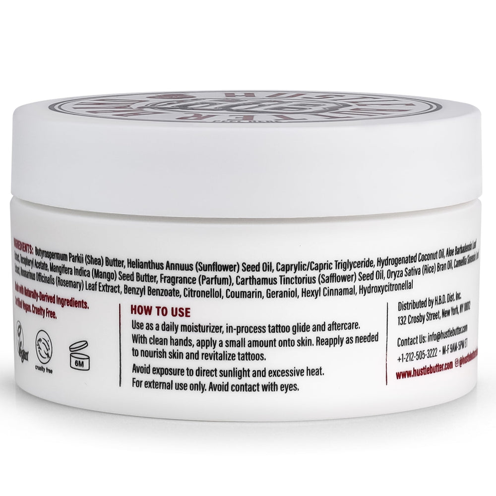 Hustle Butter Deluxe natural ingredients banner with shea, mango, green tea.