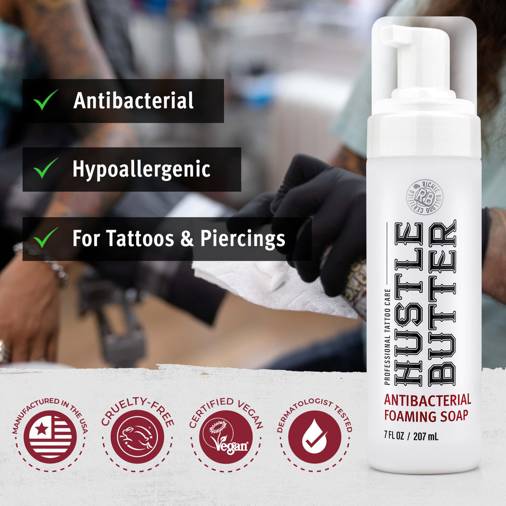 Hustle Butter Deluxe routine shot shows simple aftercare steps for tattoos.