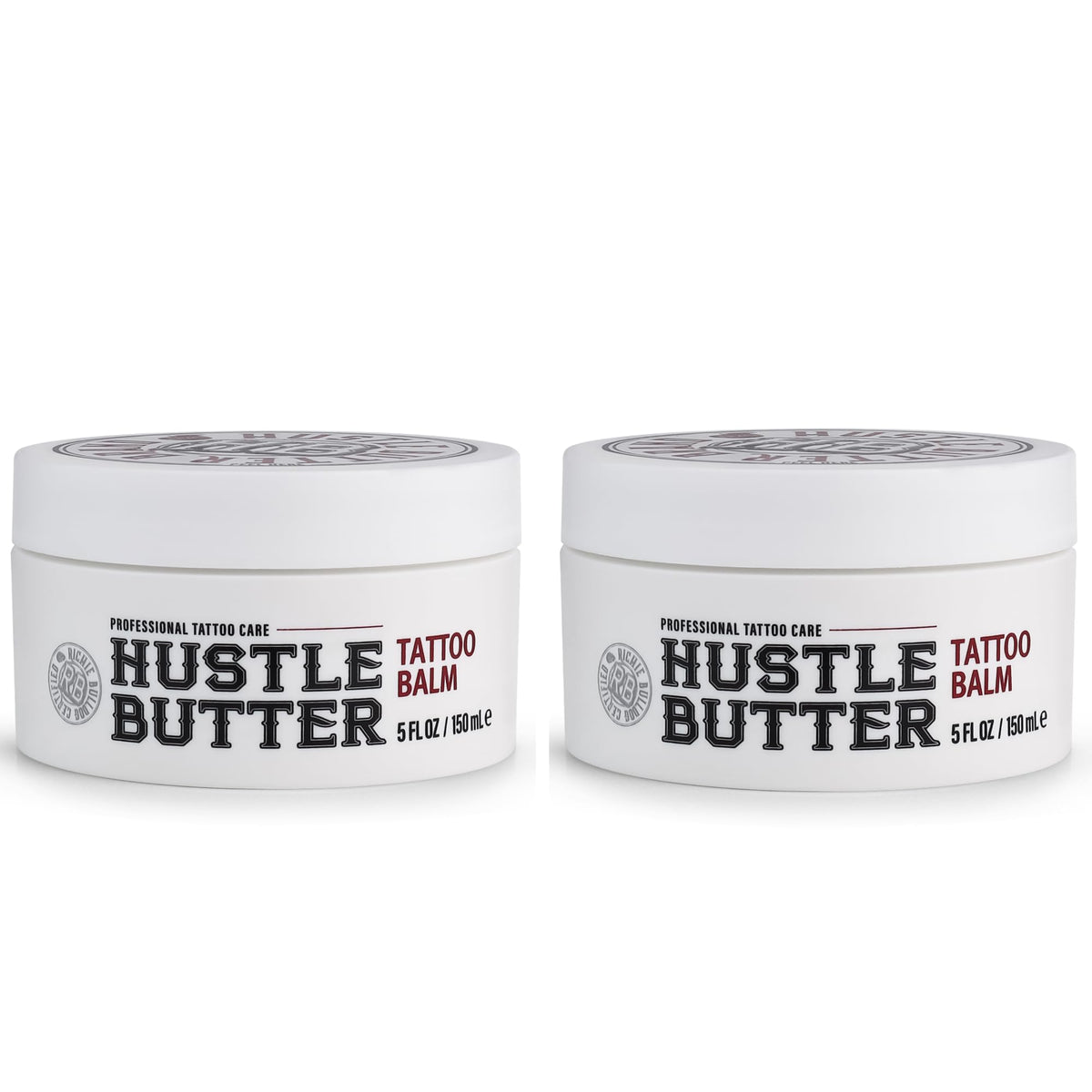 Hustle Butter Deluxe tattoo balm jar close-up for soothing aftercare.