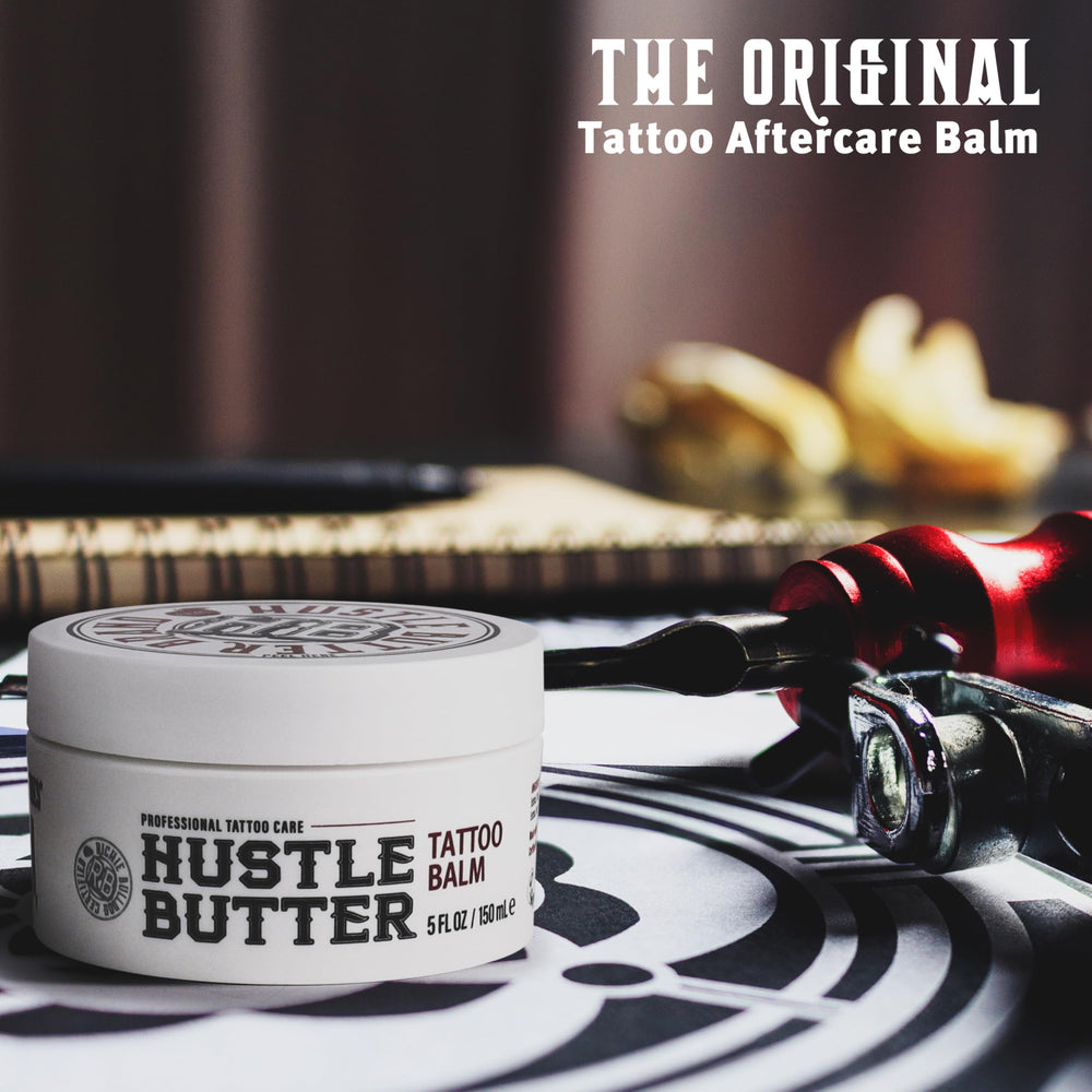 Hustle Butter Deluxe tattoo-session lubrication demonstrates smooth glide.