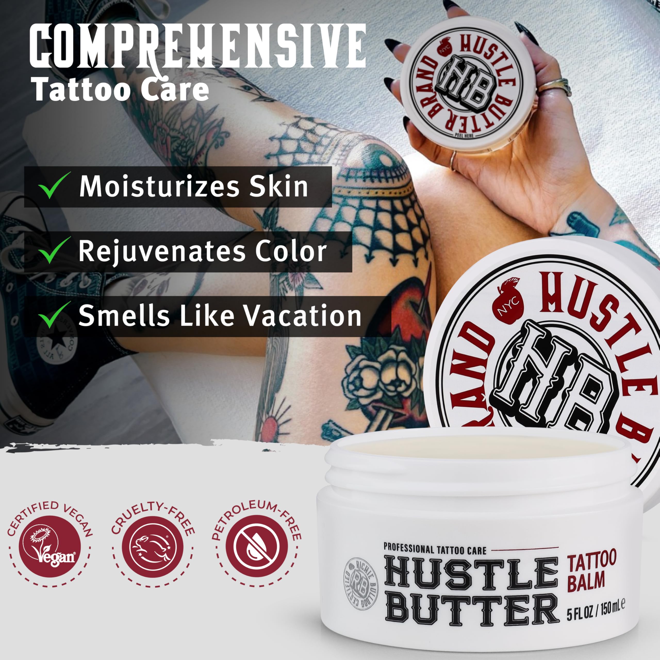 Hustle Butter Deluxe vegan cruelty-free ingredients array close-up.