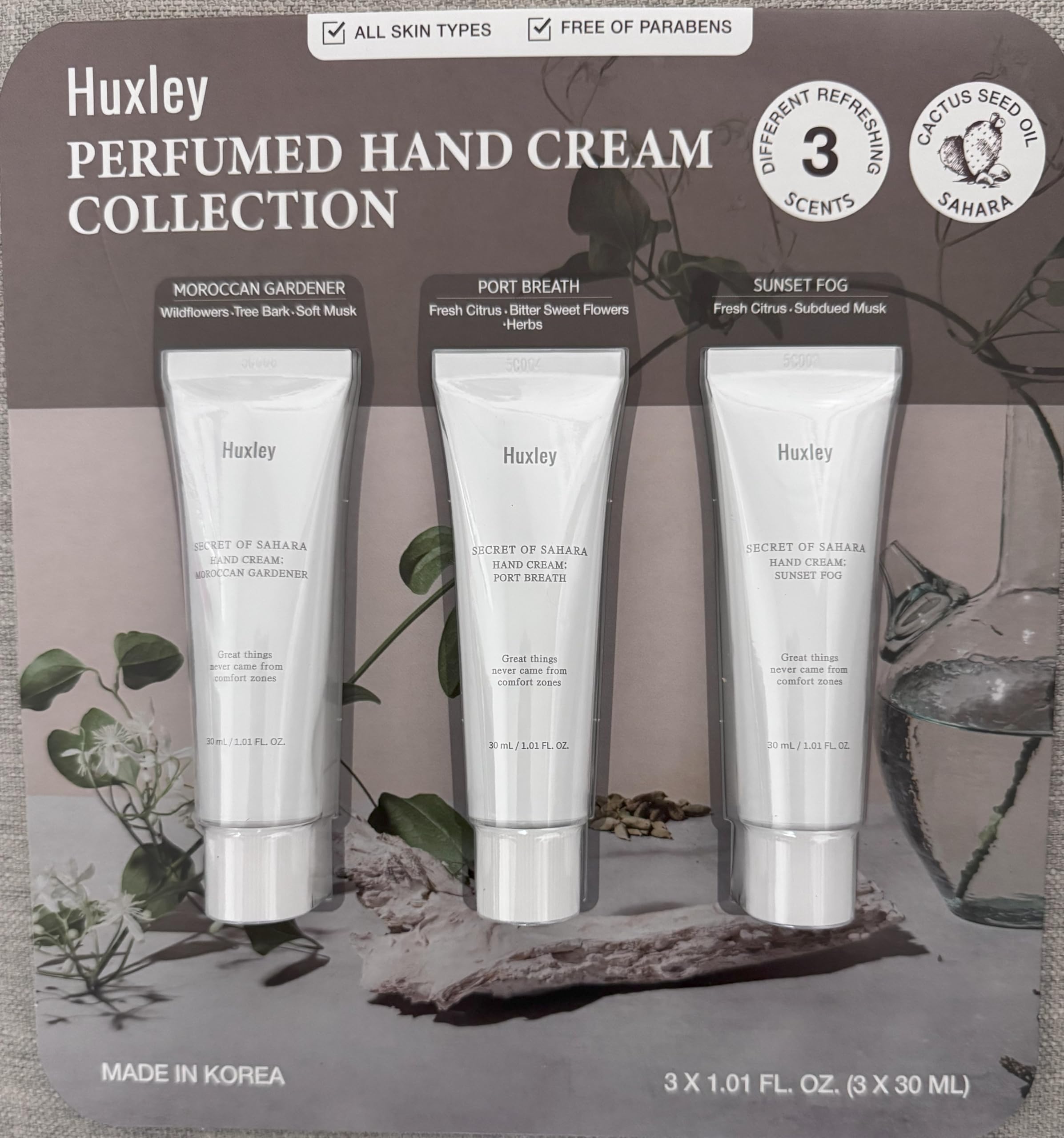 Huxley hand cream collection tubes for quick-absorbing moisture.