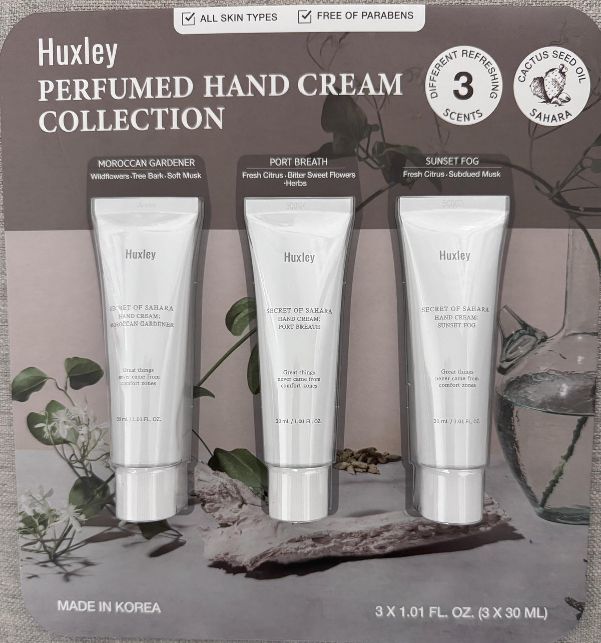 Huxley hand cream collection tubes for quick-absorbing moisture.