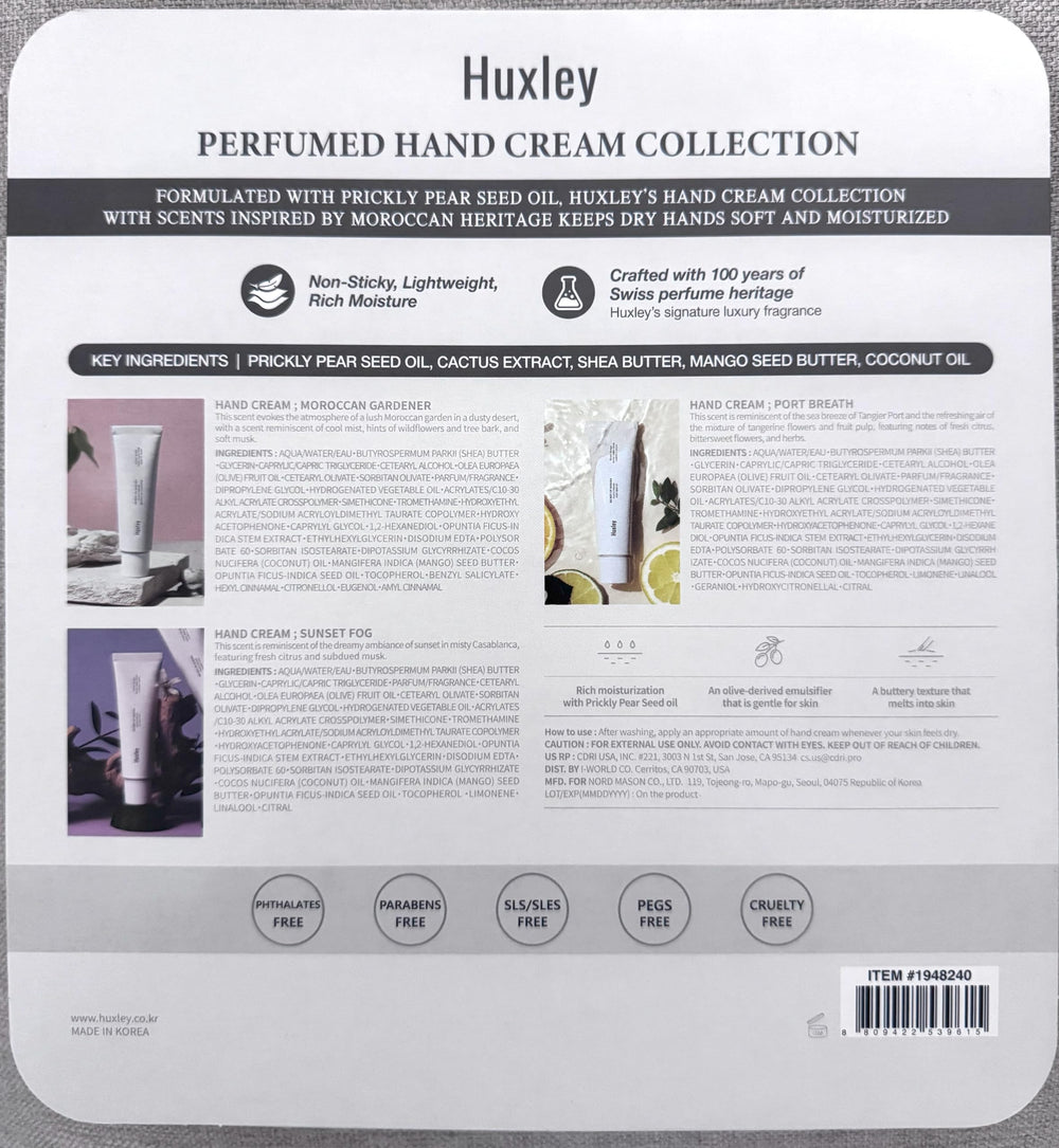 Huxley Moroccan heritage packaging for a premium gift-ready hand care experience.