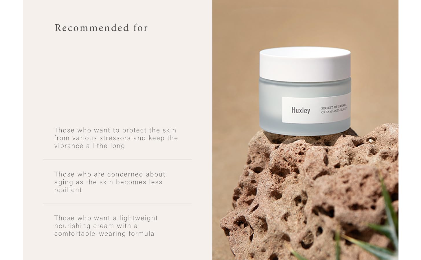 Huxley Secret of Sahara hyaluronic acid layer emphasizes plumpness.