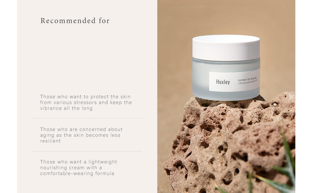 Huxley Secret of Sahara hyaluronic acid layer emphasizes plumpness.