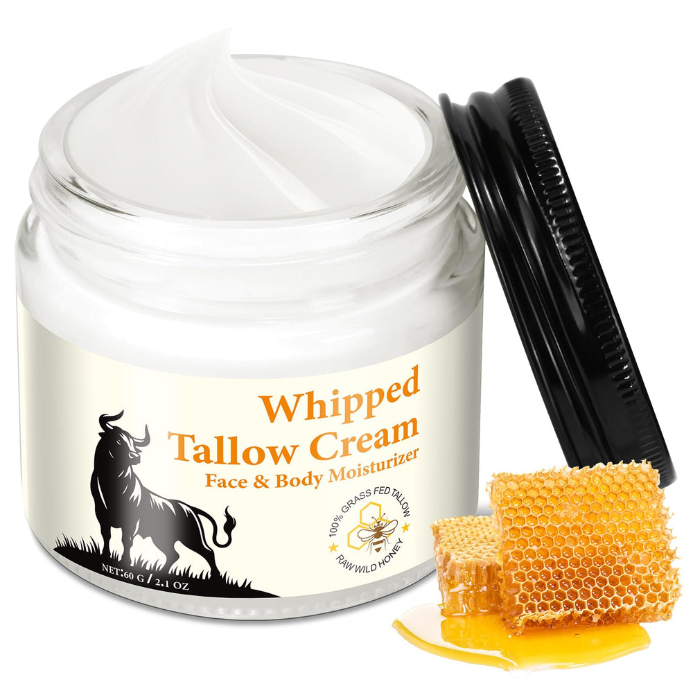 HUYEHF beef tallow honey balm jar close-up shows rich hydration for dry skin