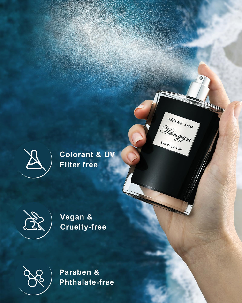 Hvngyn fragrance notes graphic highlights bergamot, jasmine, and woods.