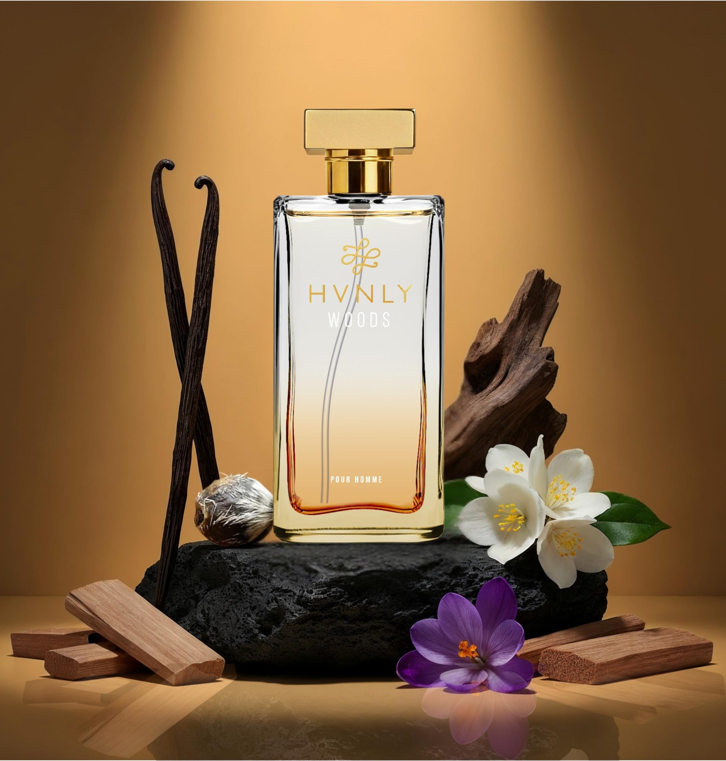 HVNLY Woods glass bottle close-up shows premium packaging quality