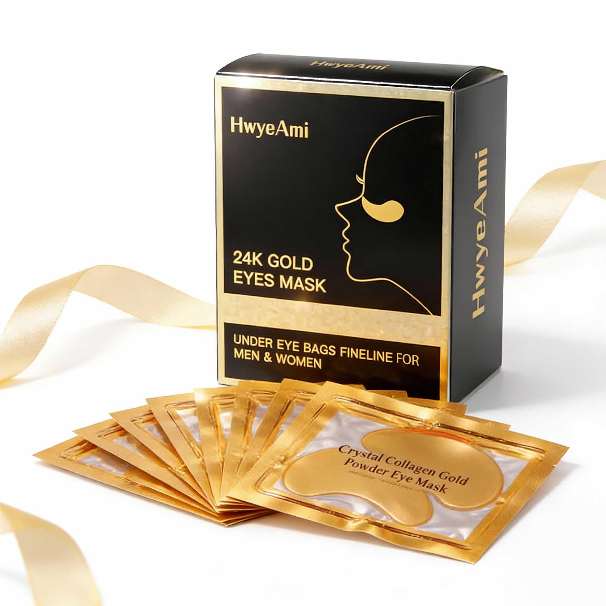 HwyeAmi 24K gold under eye patches, close-up for brightened, hydrated under-eye skin.