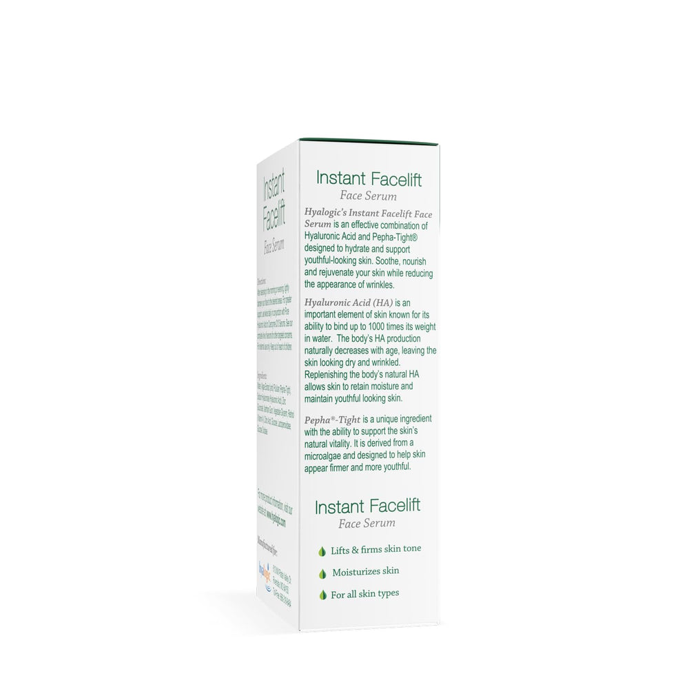 Hyalogic Instant Facelift Serum dropper application close-up shows fast-absorbing texture.