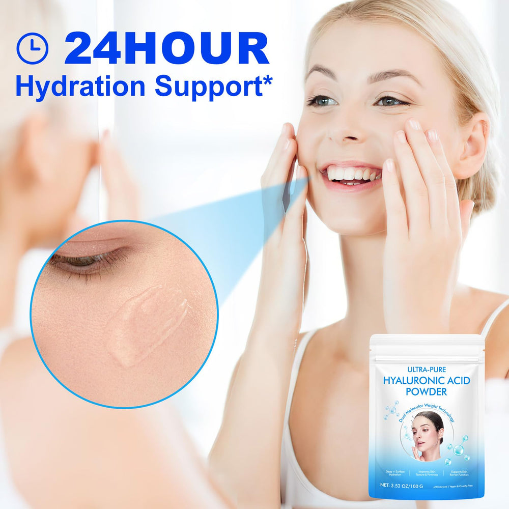 Two-pack packaging of Hyaluronic Acid powder for convenient long-term hydration