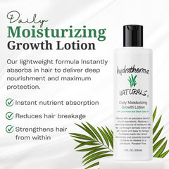 Applying Hydratherma Naturals Growth Lotion to hair for instant absorption and smoothness.