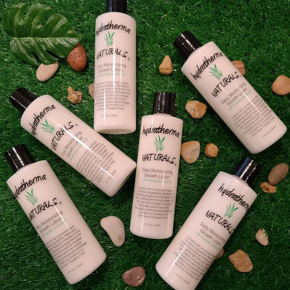 Hydratherma Naturals lotion application demonstrating even distribution on hair