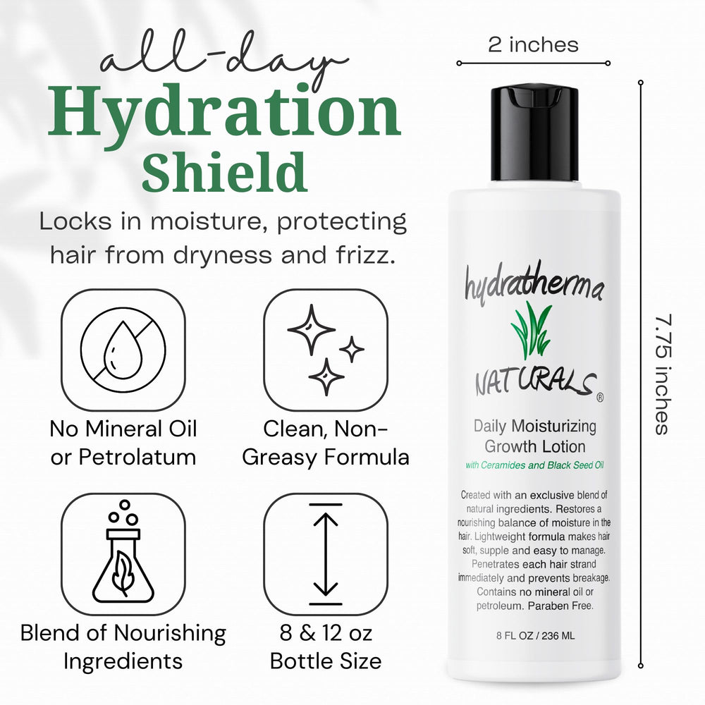Frizz control with Hydratherma Naturals Growth Lotion on textured hair.