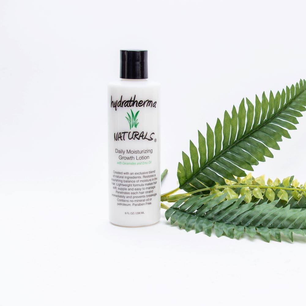 Hydratherma Naturals daily lotion close-up highlighting hair shine and length
