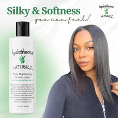 Close-up of silky hair after Hydratherma Naturals Growth Lotion.