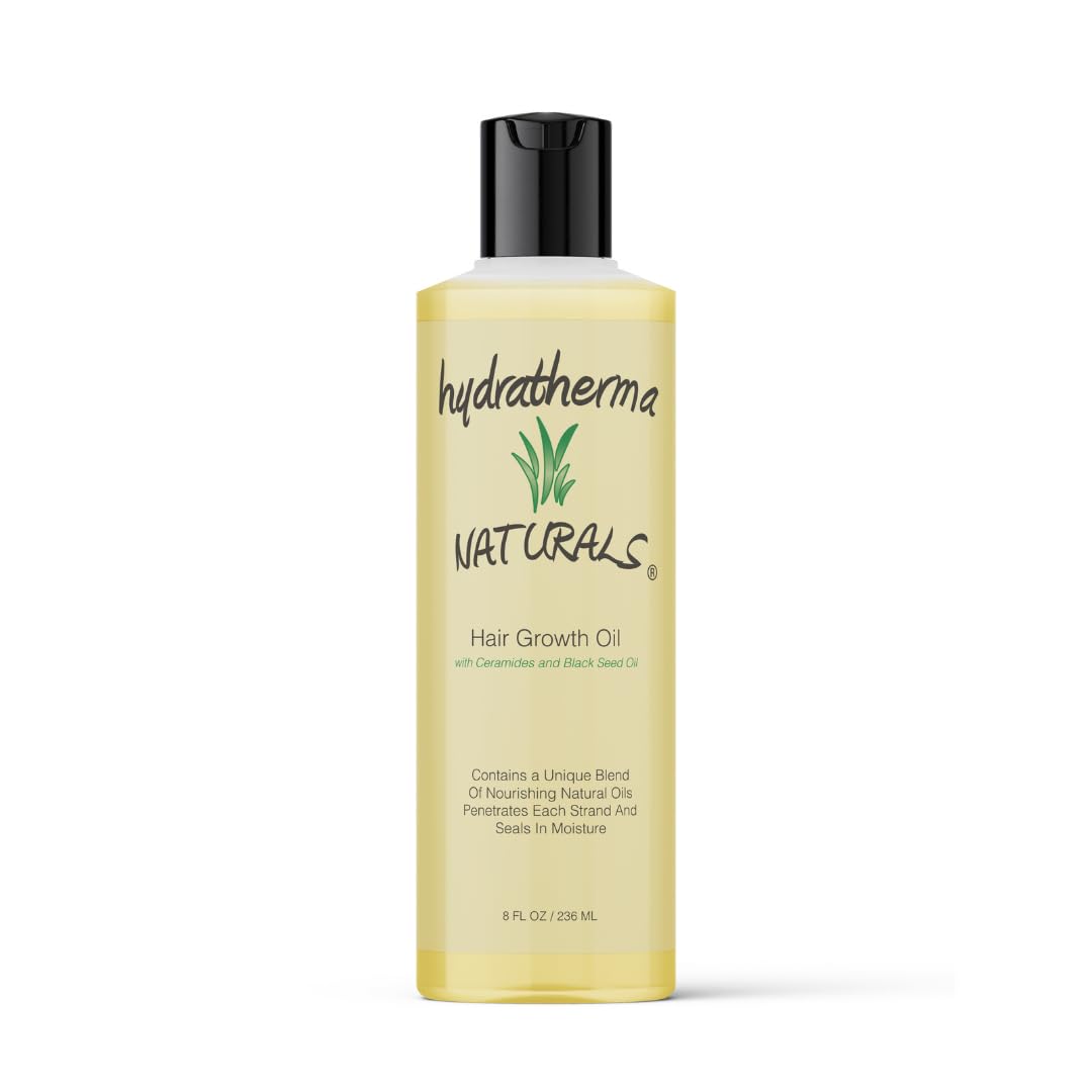 Hydratherma Naturals Hair Growth Oil bottle pouring for lightweight scalp hydration